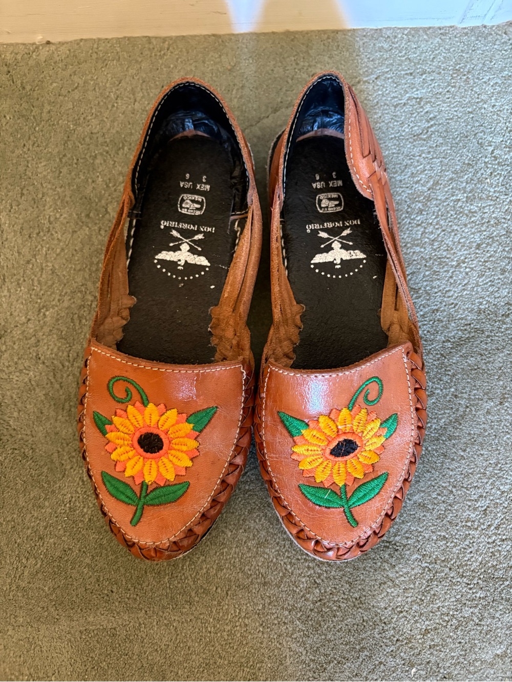 Women's Brown Leather Slip-On Loafers with Embroidered Sunflower